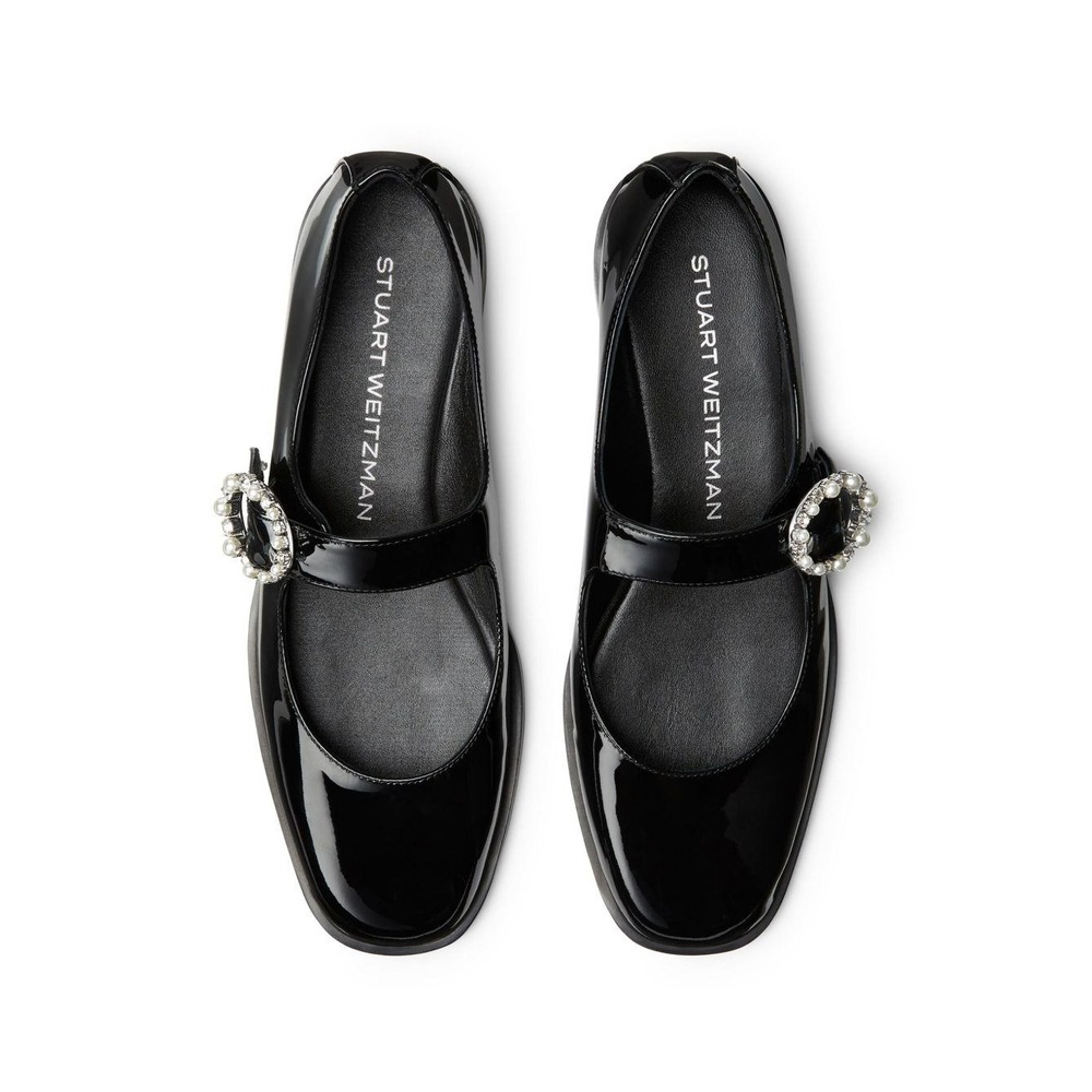 Stuart Weitzman Loralei Crystal Mary Janes Flats 7 37.5 | Black Patent Leather